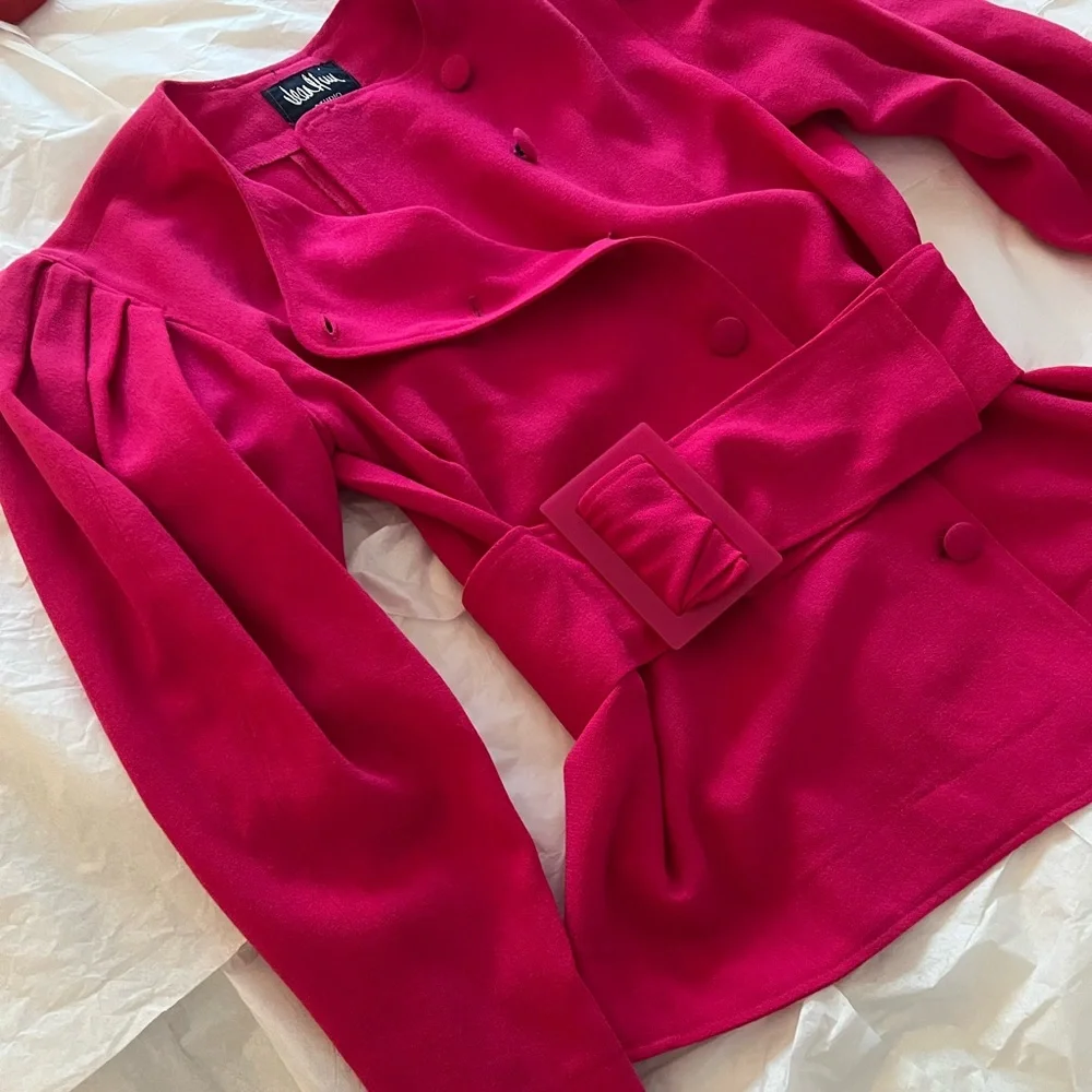 Jean Muir Studio belted statement blouse hot pink lucite belt power look 80s - Picture 10 of 13